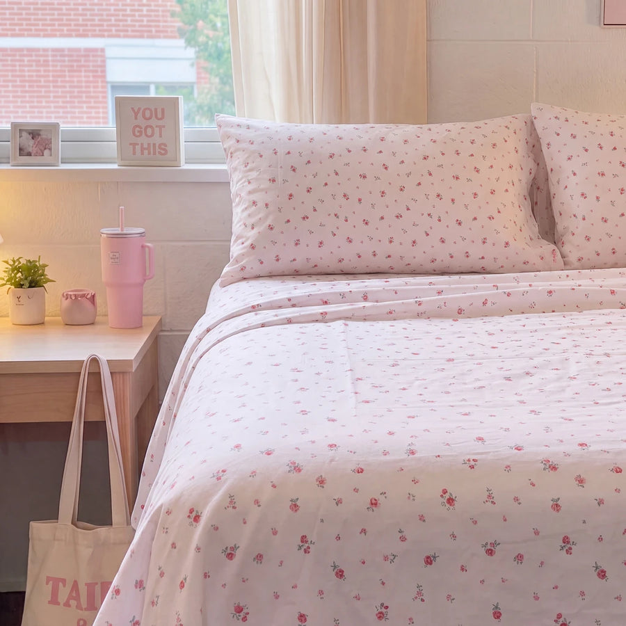 rosewick garden floral sheet set pink bedroom desk setup