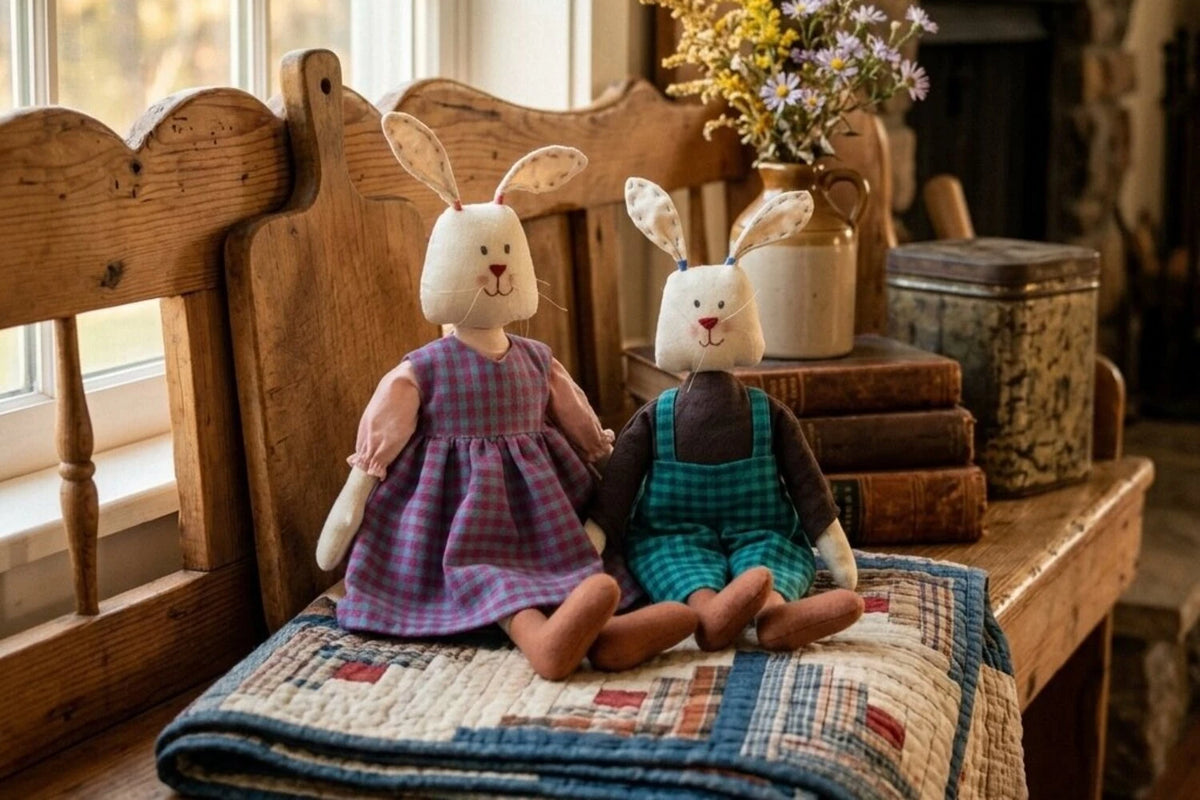 rustic bunny dolls wooden bench patchwork