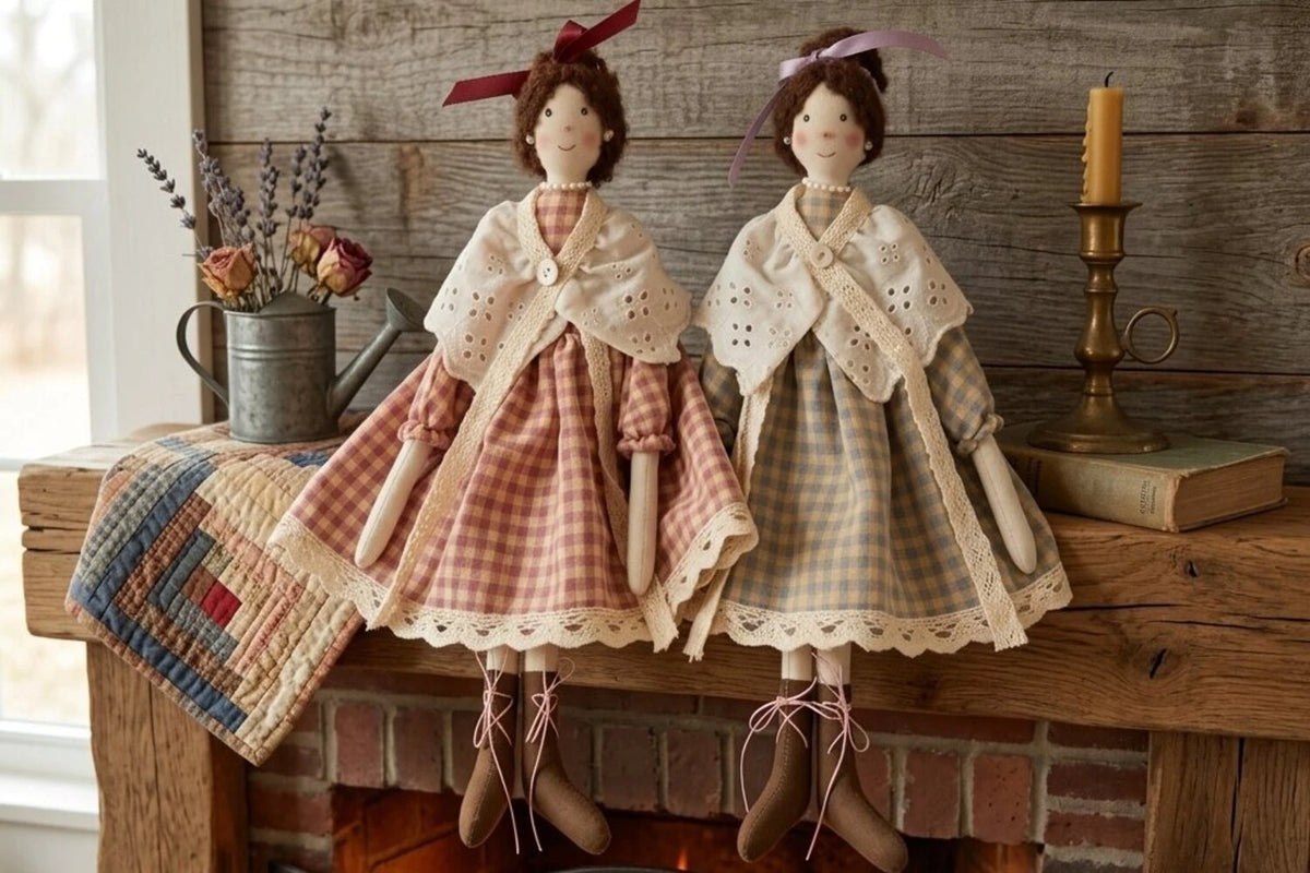 rustic gingham dolls fireplace mantel decor