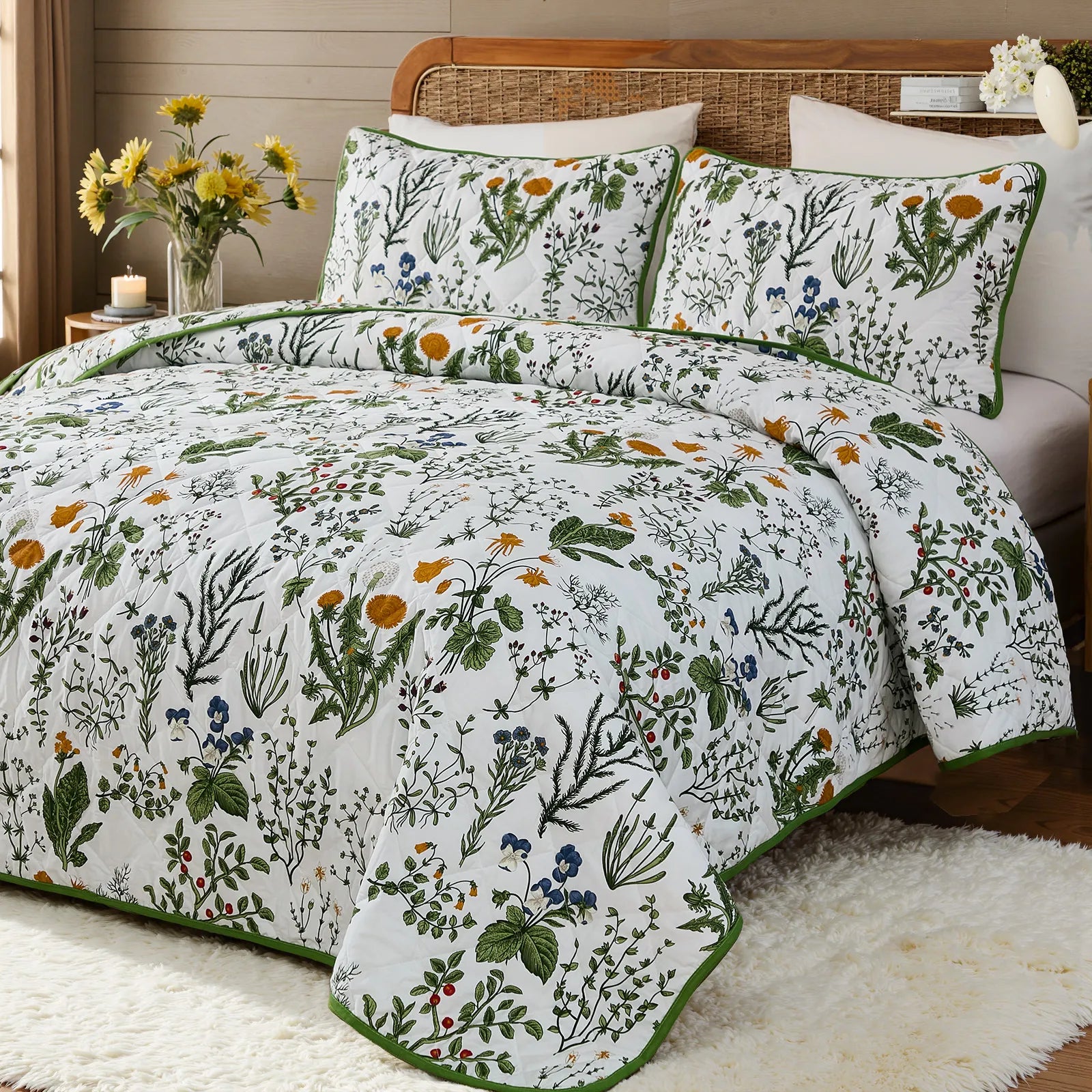 An inviting angled view of the sage green floral quilt set with pillows.
