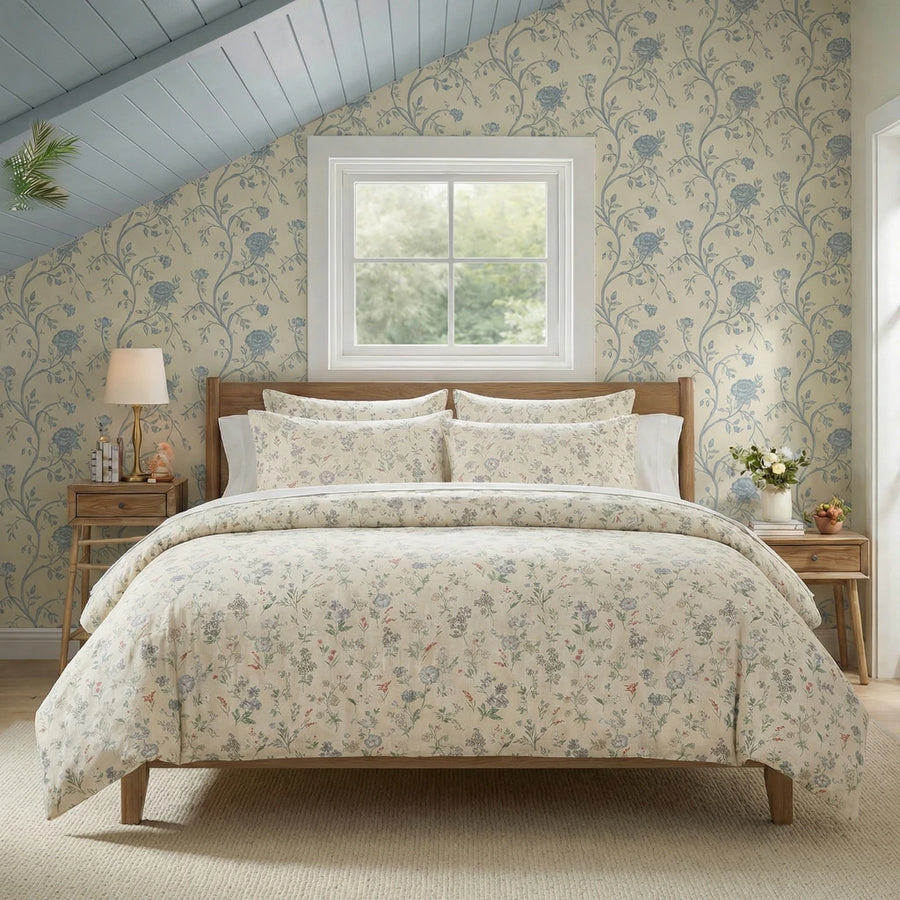 neatly folded sunlight petal drift cotton bedding set showing soft fabric texture and yellow floral print
