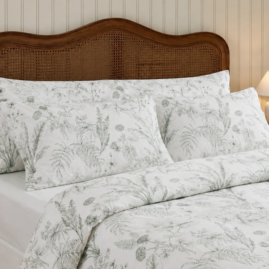 serene sage botanical bedding set cane headboard decor