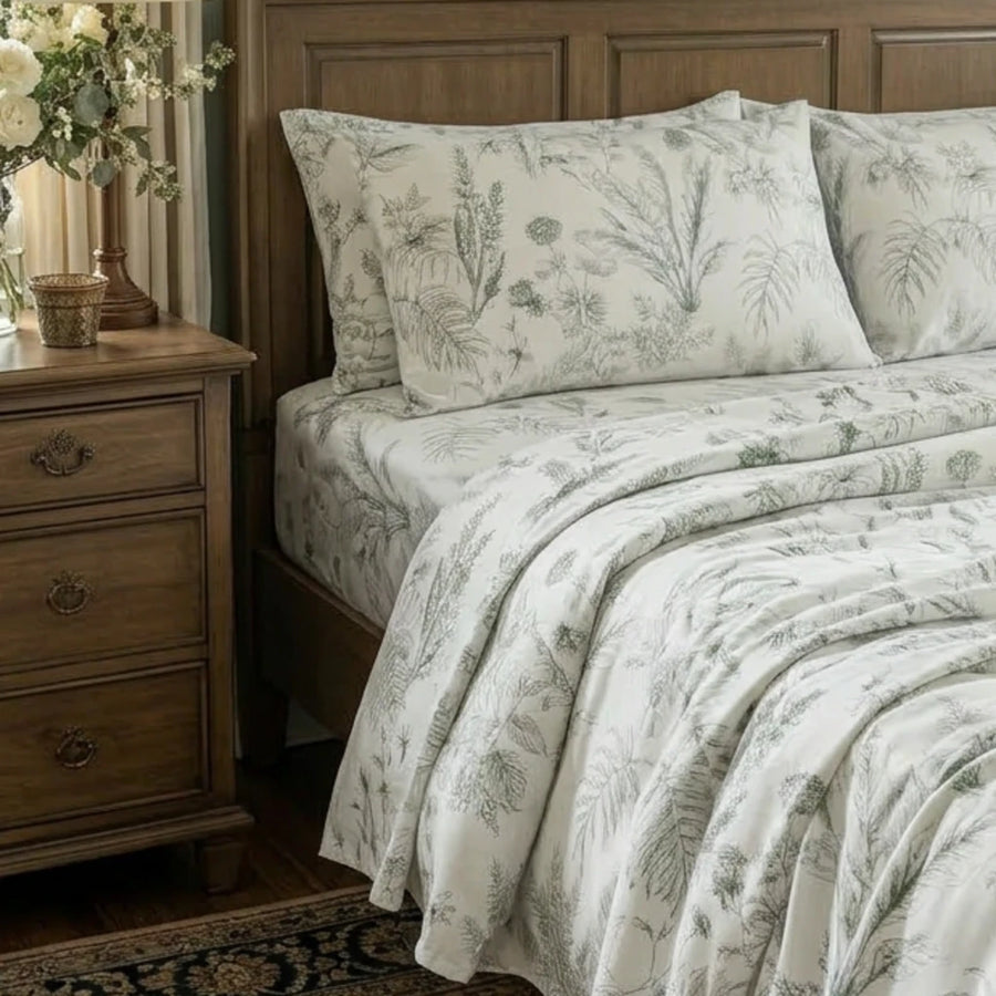 serene sage botanical sheet set fern leaf print bedding