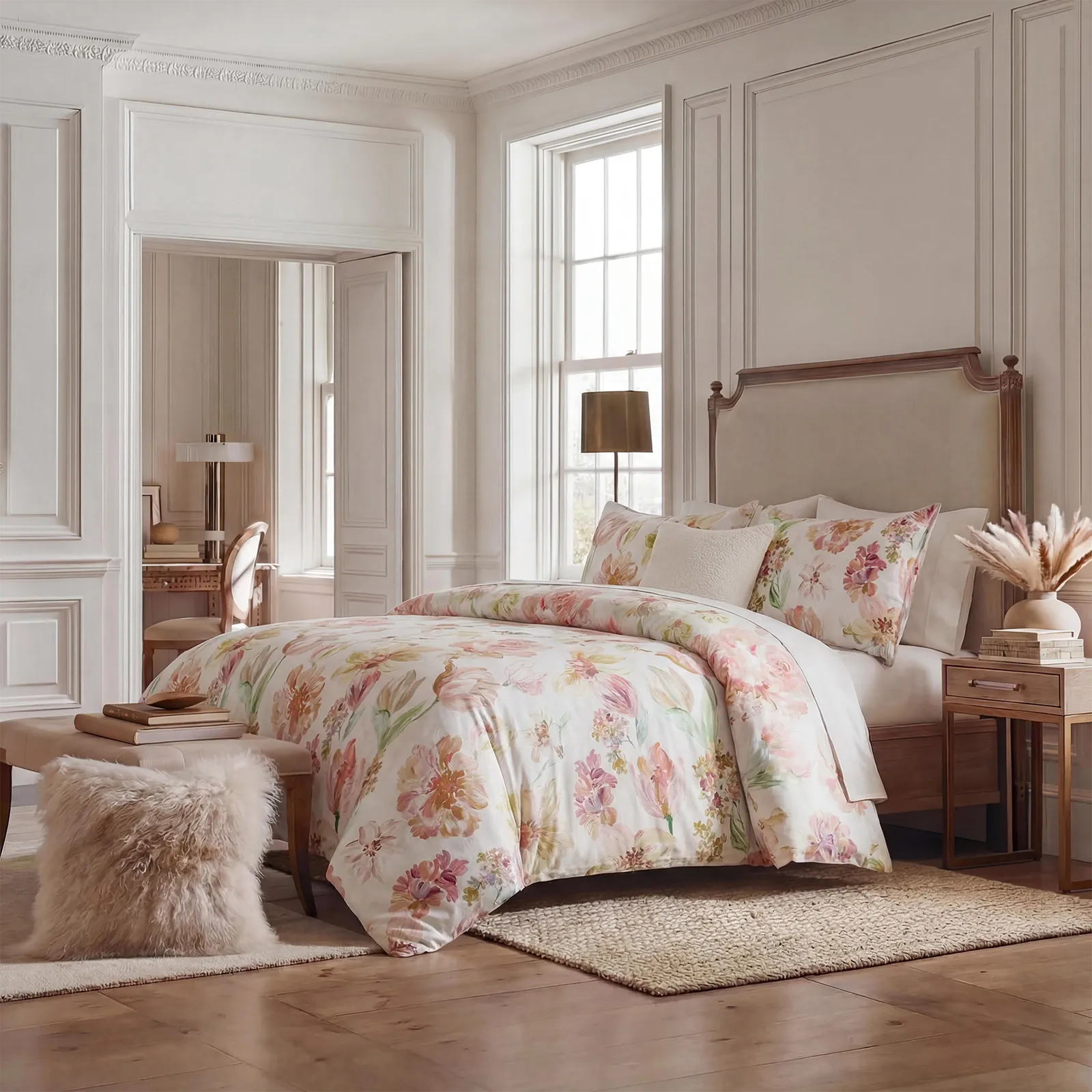 Angled view of soft floral comforter set in a classic interior