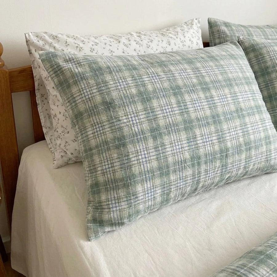 soft meadow mist green plaid duvet set breathable cotton texture