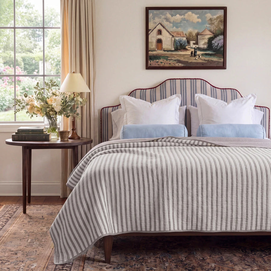 solace yarn dyed quilt charcoal solace striped headboard light blue bolster pillows