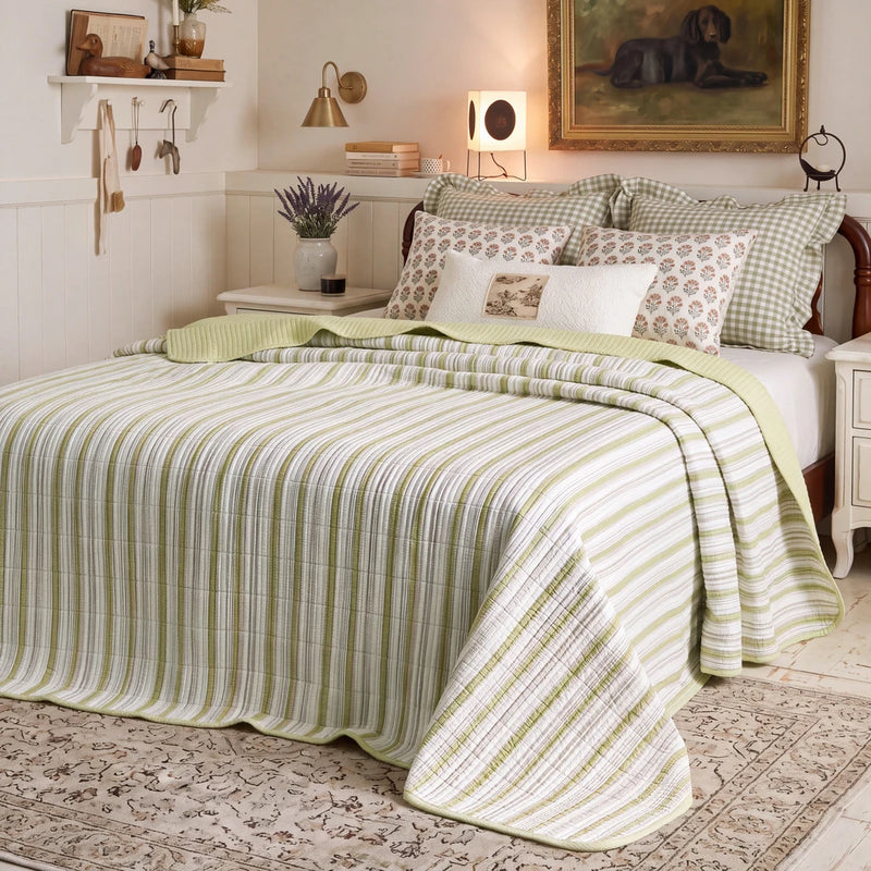 solace yarn dyed quilt sage solace cream plaid ruffle pillows full bed