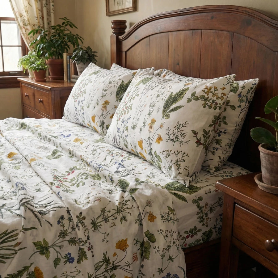 stacked botanical natural fiber sheets and pillow shams