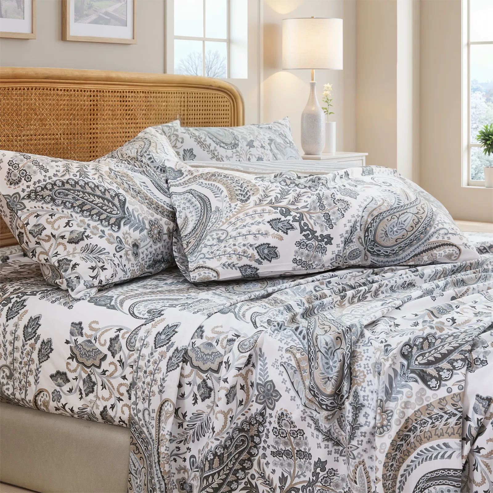 Stacked cotton neutral paisley print pillows on fitted sheet set on white bed
