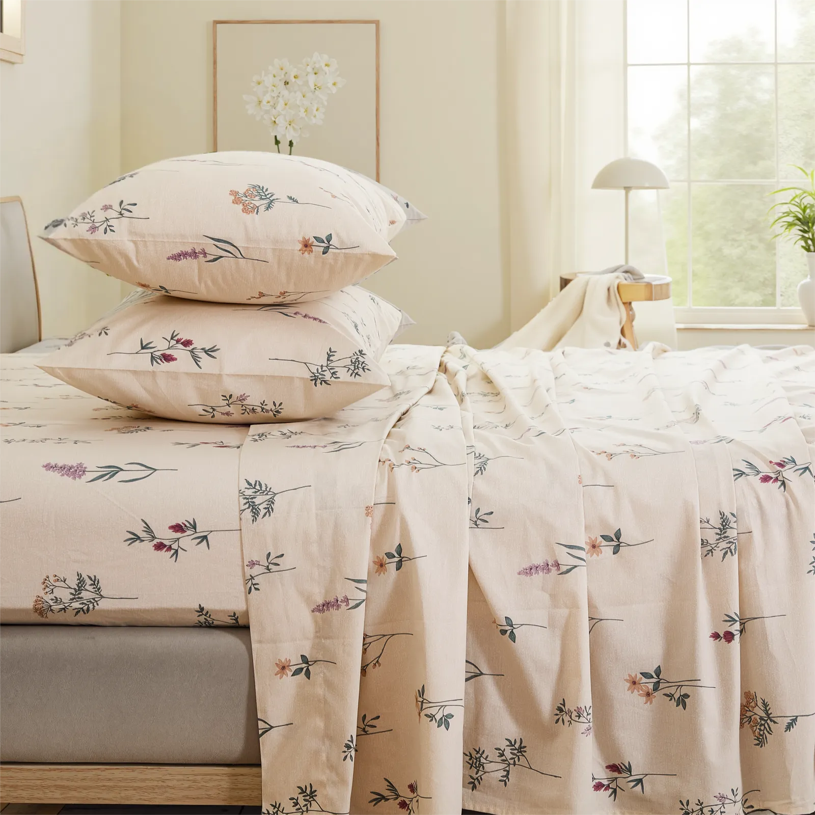 Close up stack of cotton wildflower print pillows on bed with wooden headboard