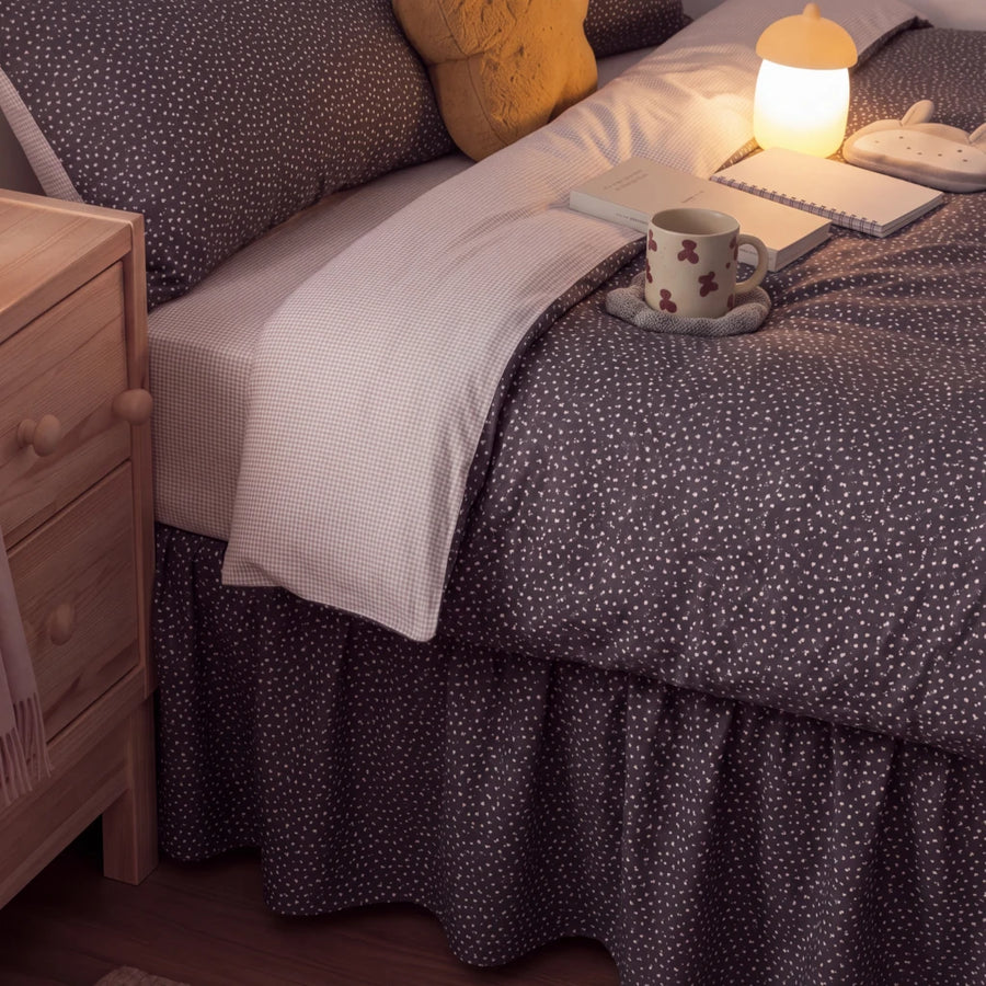 starlit bloom bed skirt dark grey bedding set nightstand lamp