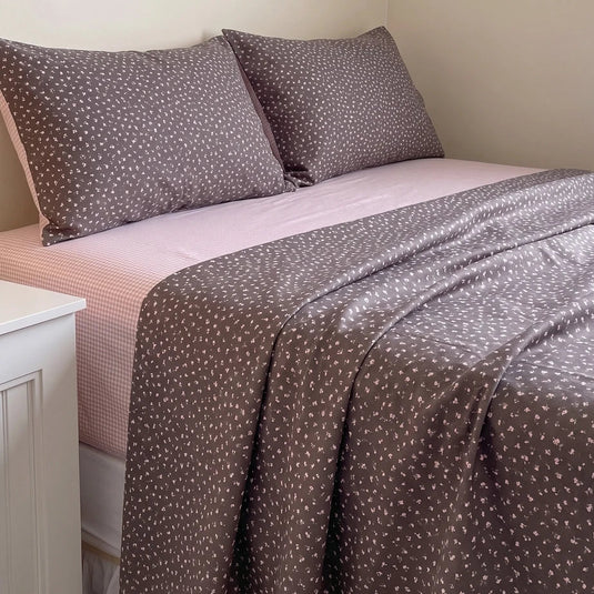 starlit bloom sheet set dark grey pink ditsy floral gingham fitted sheet