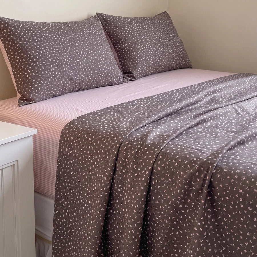 starlit bloom sheet set dark grey pink ditsy floral gingham fitted sheet