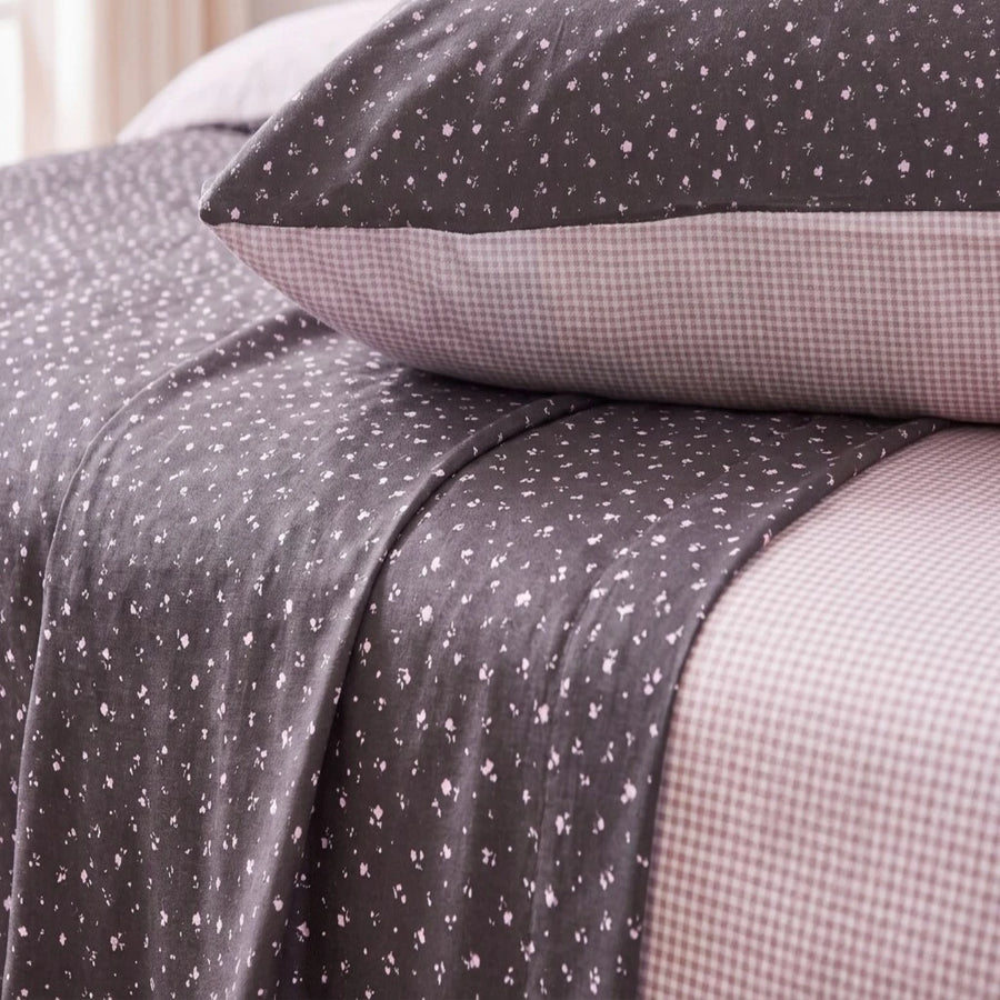 starlit bloom sheet set fabric texture pink checkered pillowcase detail