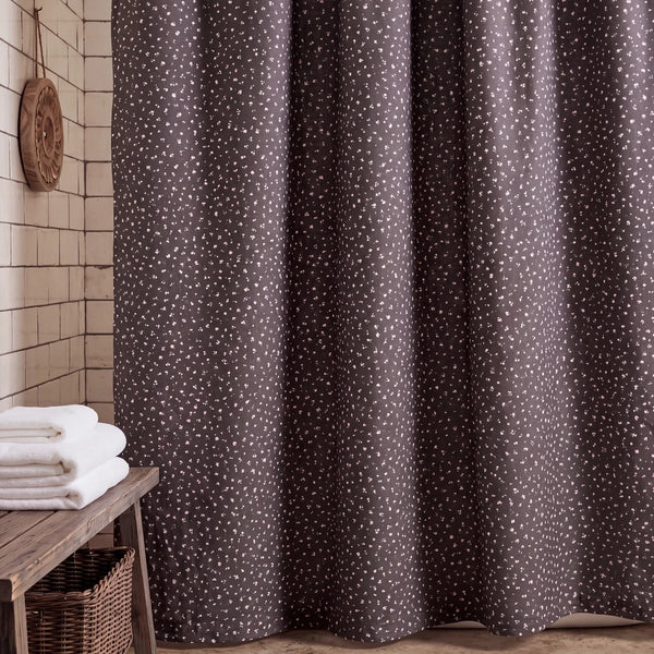 starlit bloom shower curtain charcoal grey wooden bench white towels