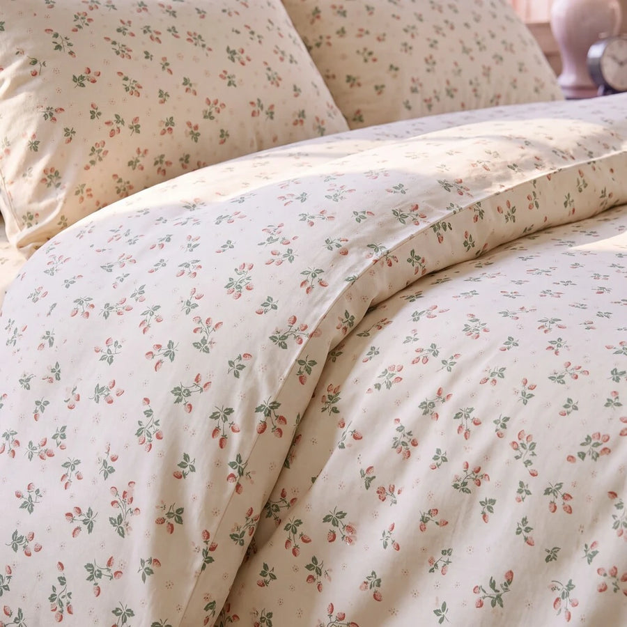 strawberry bramble comforter set cream pink fabric detail sunlight
