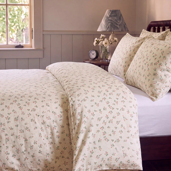 strawberry bramble comforter set cream pink pillows side table lamp