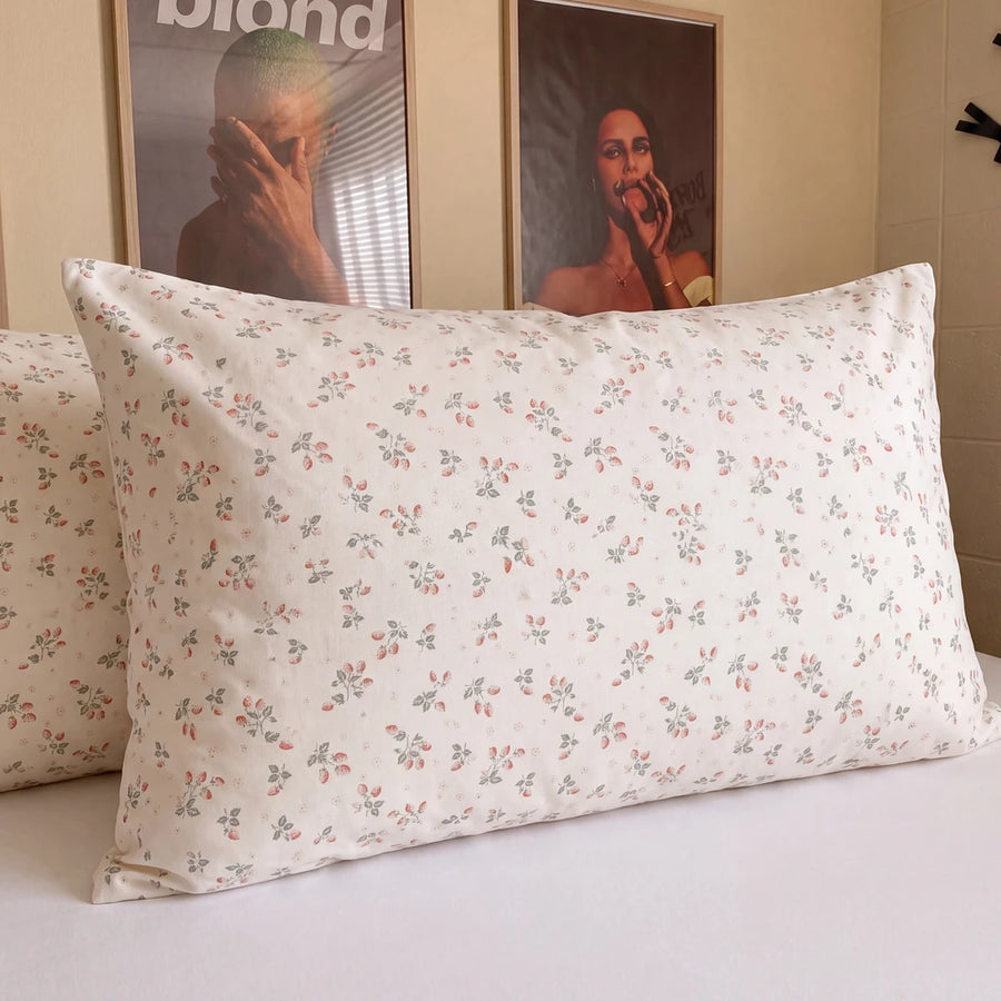strawberry bramble pillowcases cream yellow strawberry print standard pillow closeup