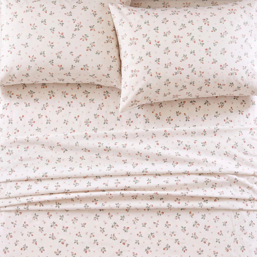 strawberry bramble sheet set sunlit pillow stack scene