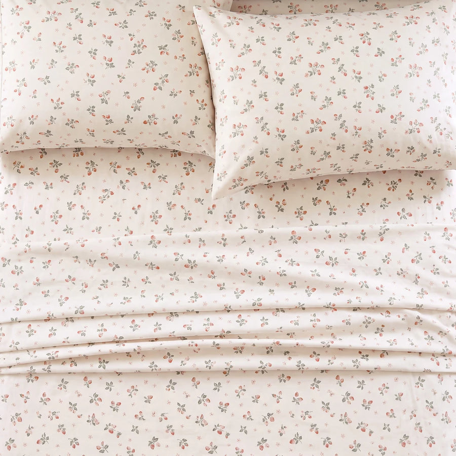 strawberry bramble sheet set sunlit pillow stack scene