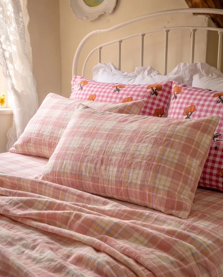 strawberry sundae nostalgic plaid sheet set layered bedding styling