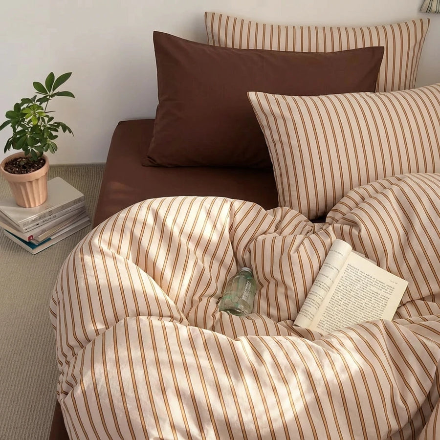 tan pin neutral striped duvet cover set display