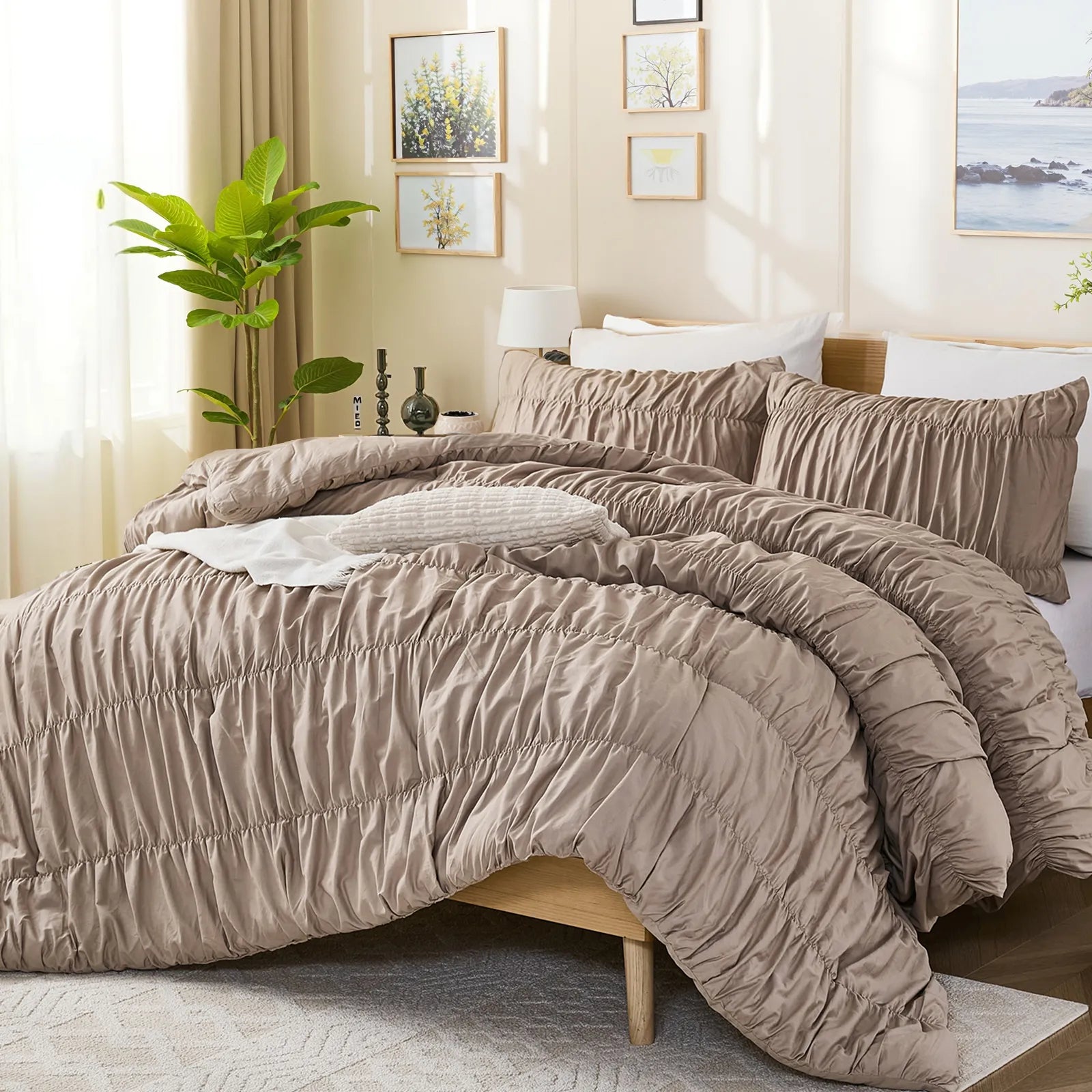 Taupe crinkle cotton comforterangled detail view