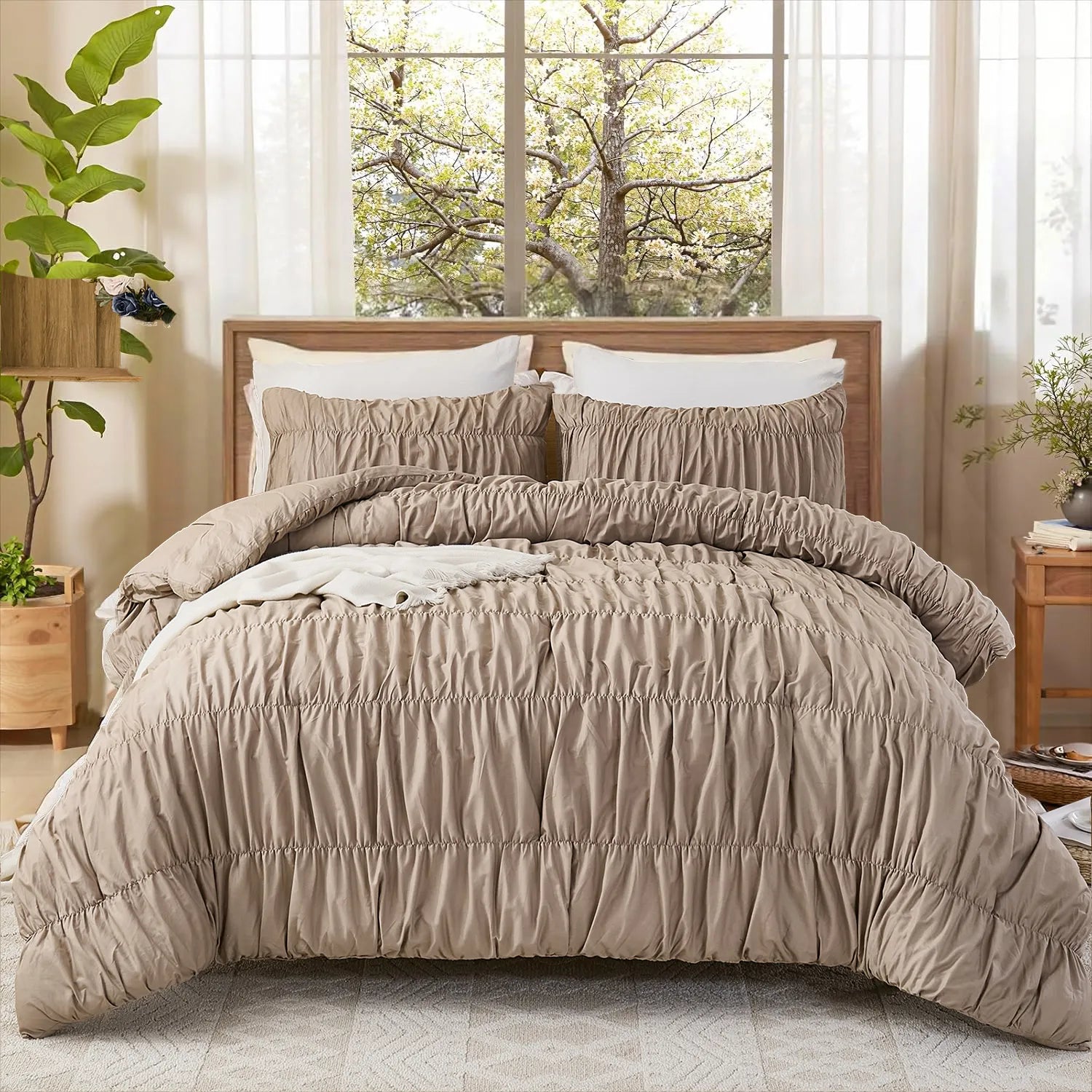 Taupe crinkle cotton comforter front view with four pillows