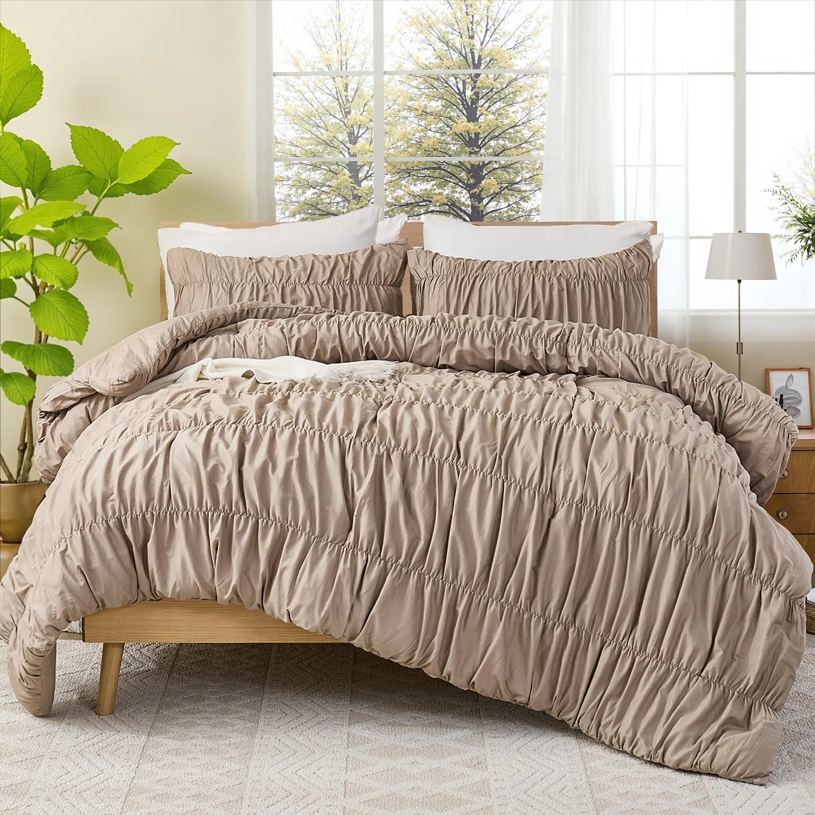 Taupe crinkle cotton comforter overall view