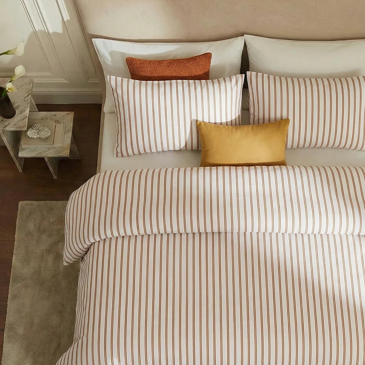 Terracotta striped bedding top view