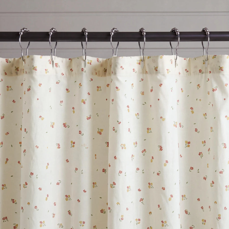 tiny blossom shower curtain cream ditsy floral metal rings