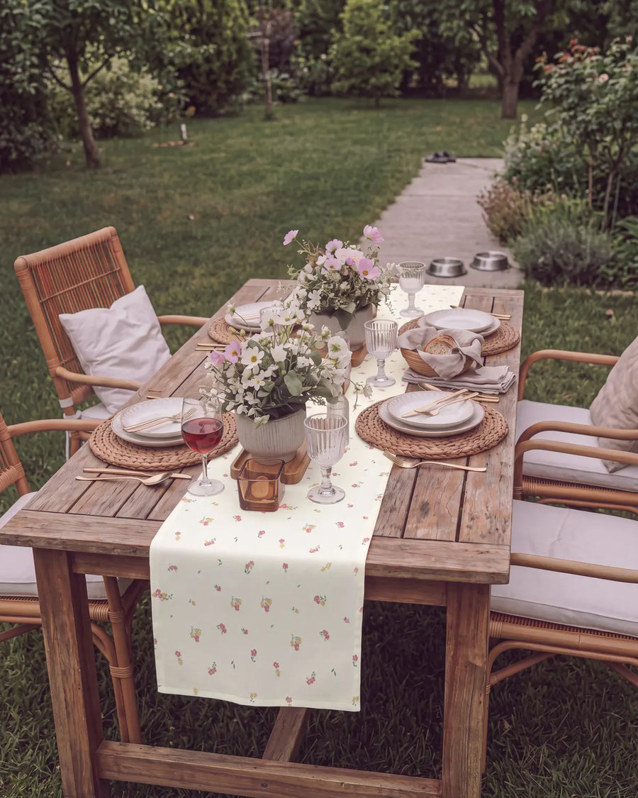 tiny blossom table runner outdoor table setting