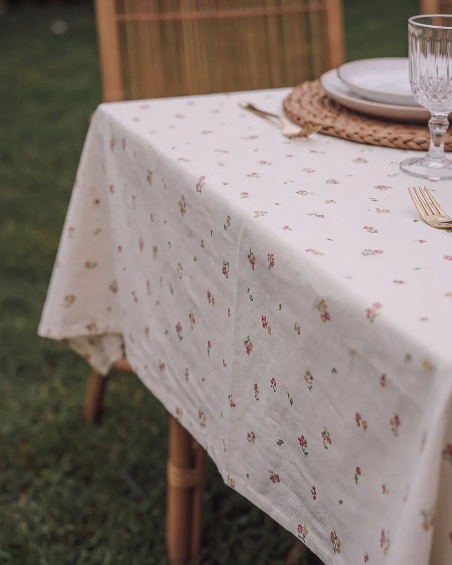 tiny blossom tablecloth draped fabric detail