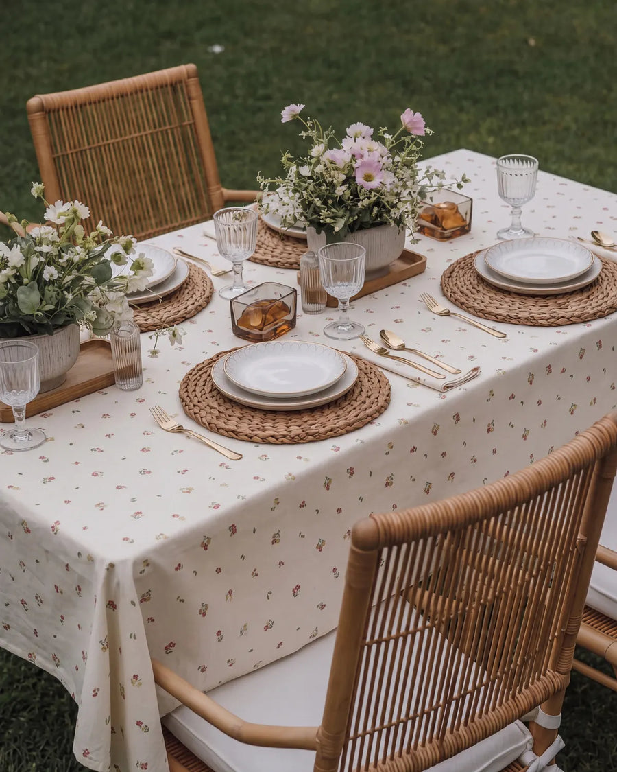 tiny blossom tablecloth outdoor dining setting