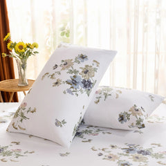 Two Cotton Floral Pillowcases Vertical Display with Window Light and Flowers