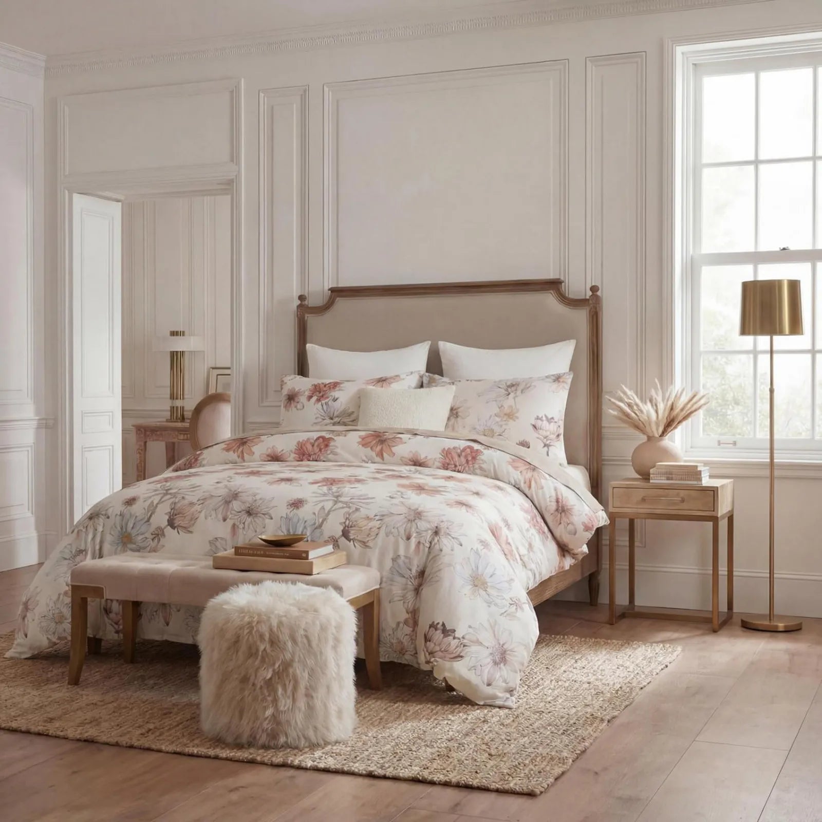 Front view of vintage botanical bedding with matching pillowcases