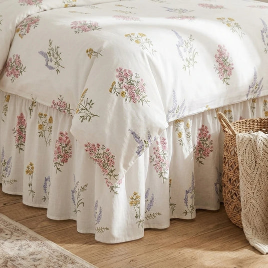 vintage botanical linen bed skirt with fitted sheet corner with bed
