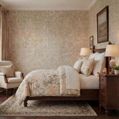 Side view of vintage floral duvet cover in a warm bedroom