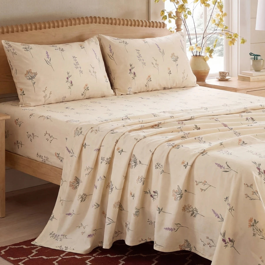 vintage floral meadow cotton sheet set warm bedroom decor