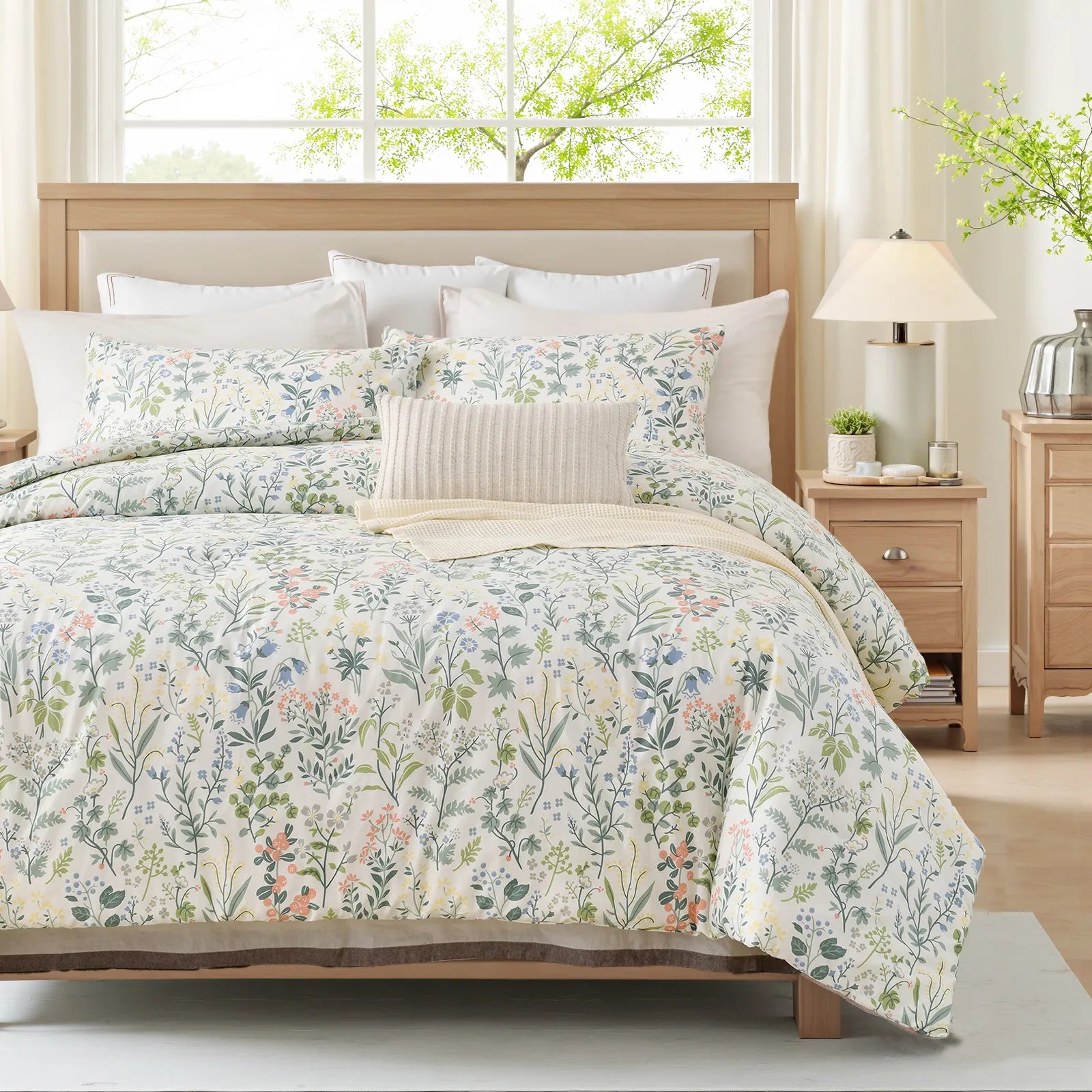 A bed with a styled 100% Cotton Vintage Green Floral comfort set in a modern bedroom.