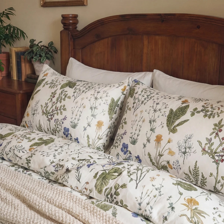 detailed view of two botanical print pillows against a classic dark wood headboard