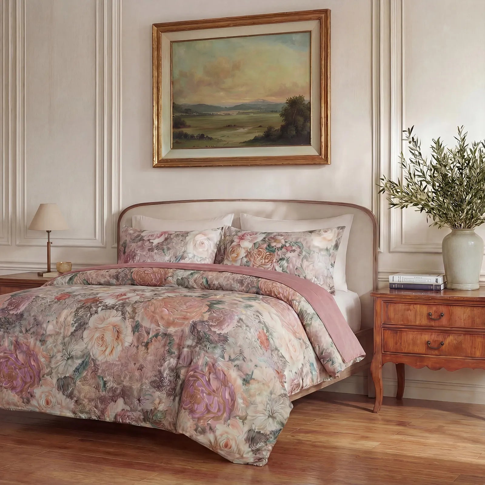 Left angled view of rose print duvet cover set