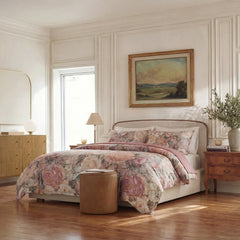 Full room view of vintage rose floral bedroom decor