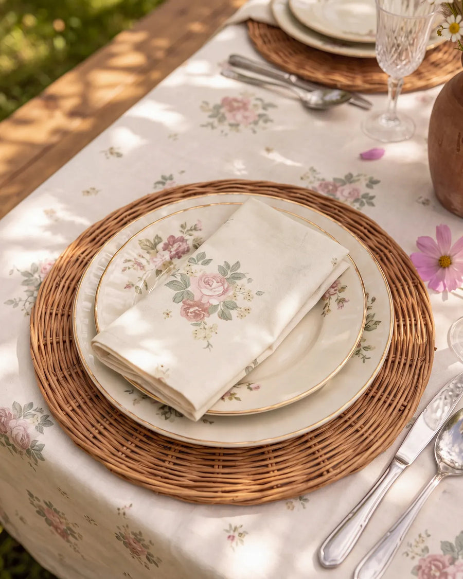 vintage rose napkin folded plate setting