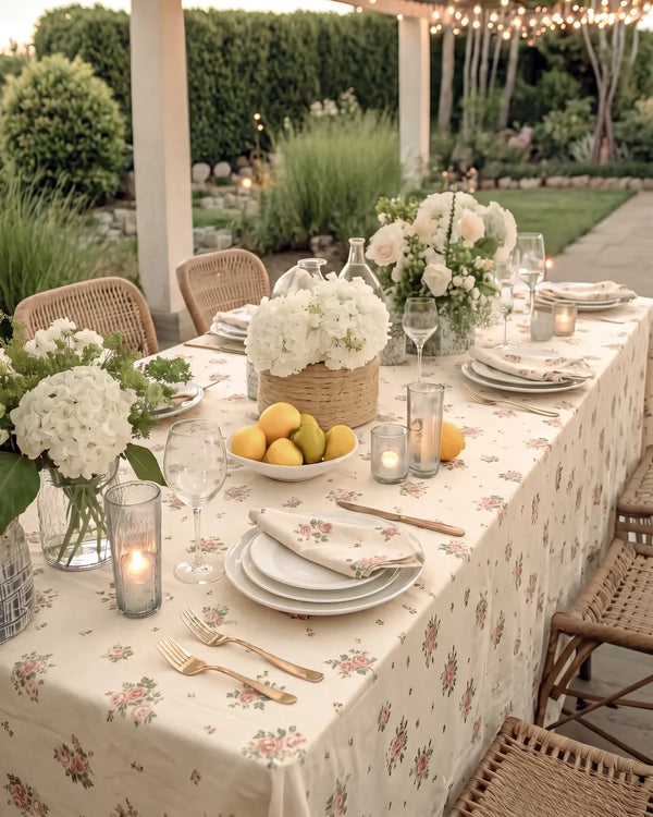 vintage rose tablecloth garden dining scene
