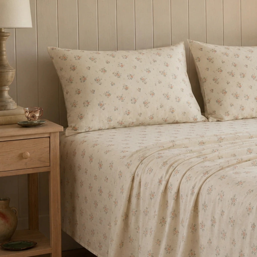 vintage sun drenched rose fitted sheet wooden nightstand