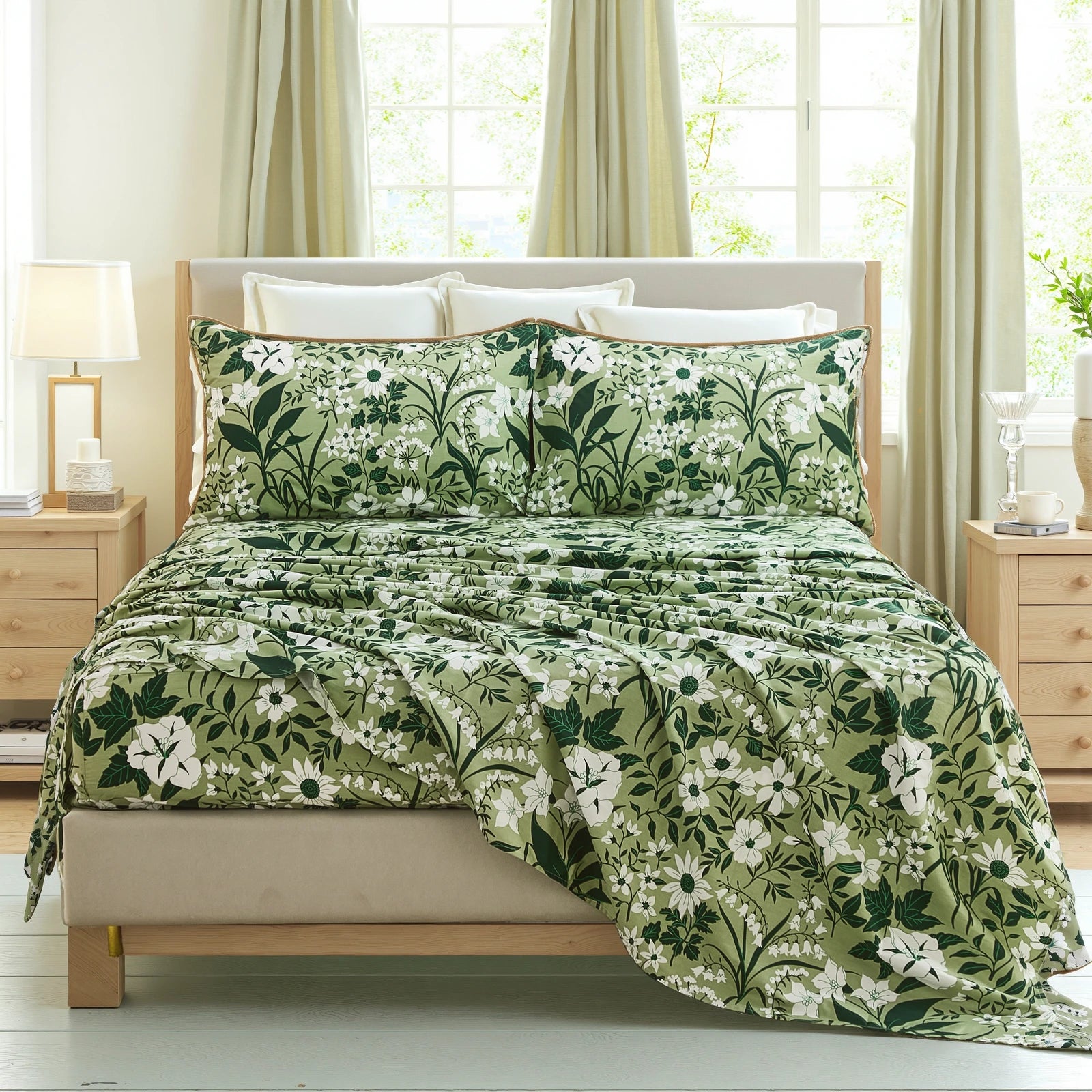 vintage green floral cotton bed sheet set