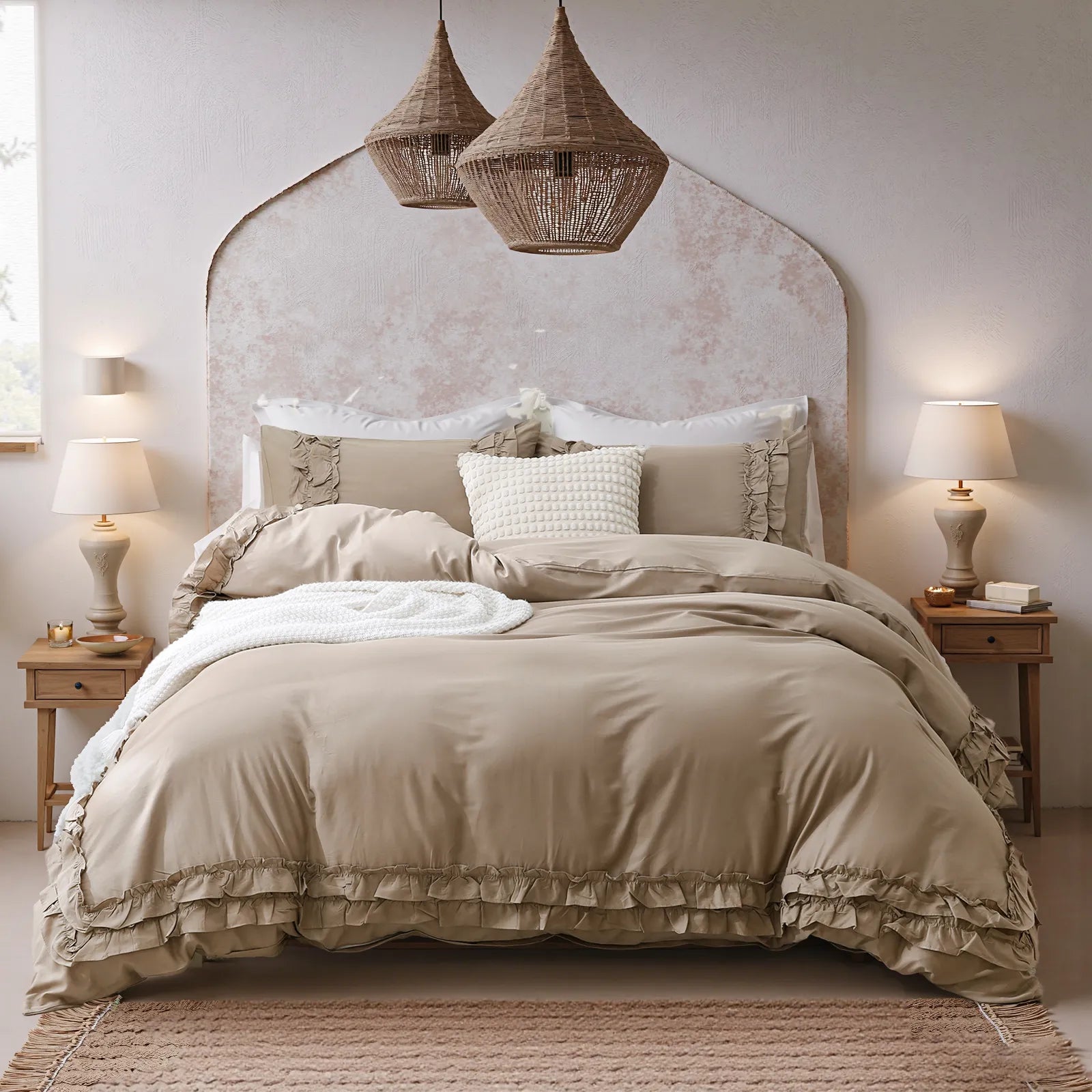 Warm greige ruffled cotton comforter set on a bed