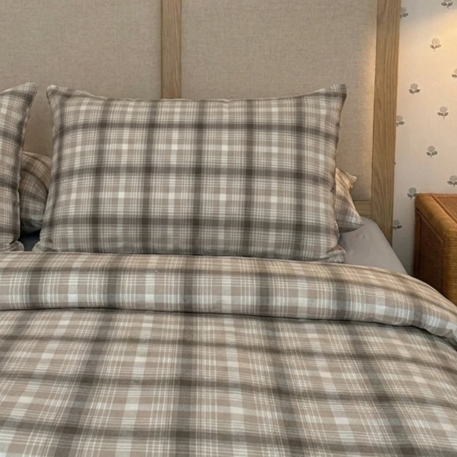 warm neutral plaid comforter cover cozy cottagecore styling