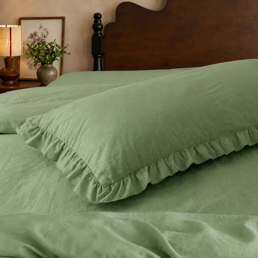 washed cotton ruffled pillowcase green soft lighting